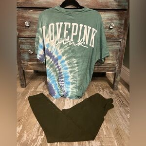 EUC!VS PINK 2PC! Olive Cotton Logo Leggings-L/Tie DyeGreen Varsity Campus Tee-M